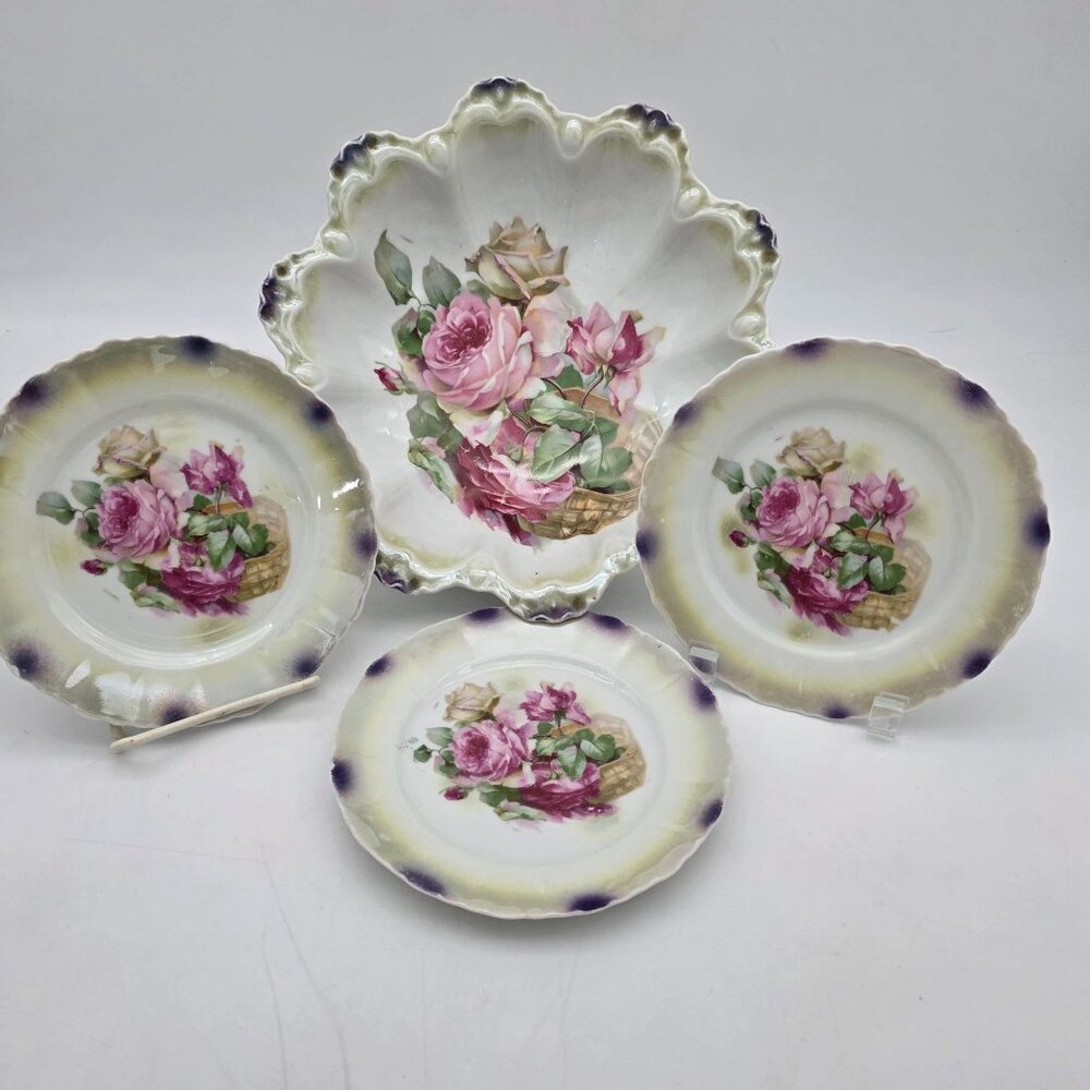 Vintage German Porcelain Serving Bowl & Plates Set With Floral Rose Design